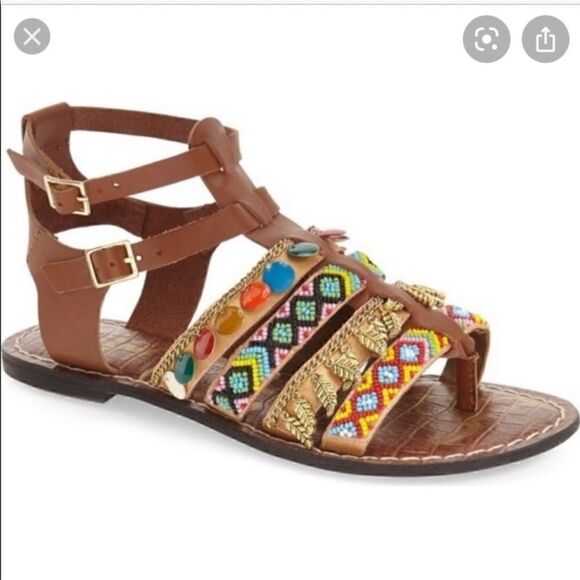 SAM EDELMAN Lanai Embellished Strappy Flat Sandals In Saddle - Picture 2 of 14